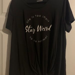 A black graphic design t-shirt